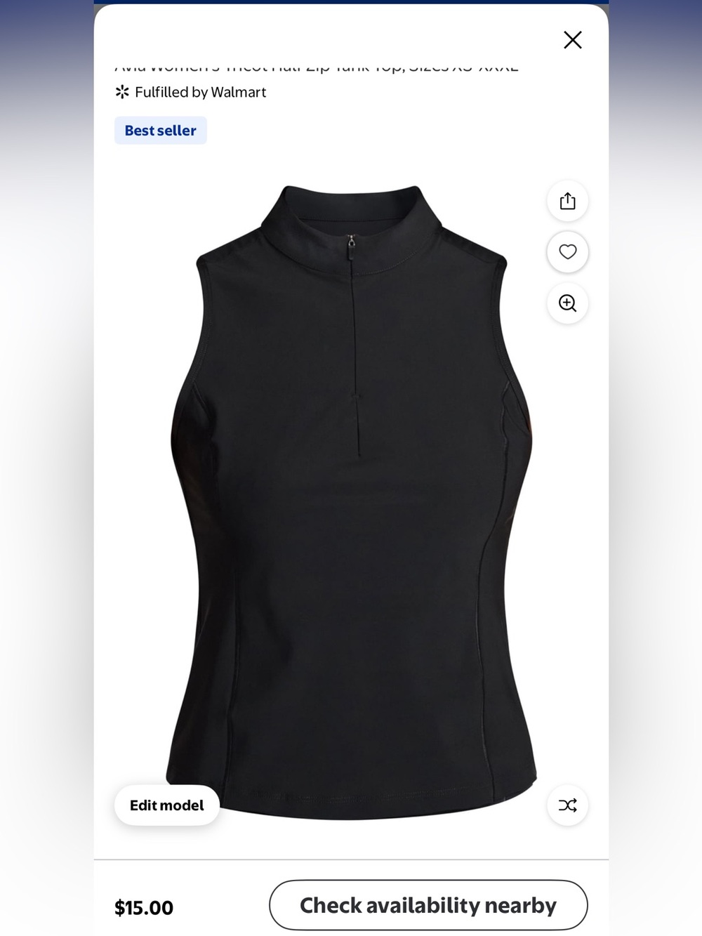 Avia Black Sleeveless Mock Neck Zip Tank